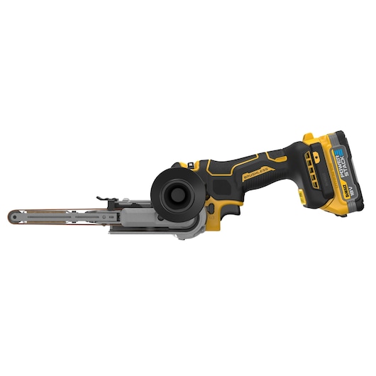 DEWALT cordless brushless belt sander with ergonomic handle and 18V PowerStack battery.