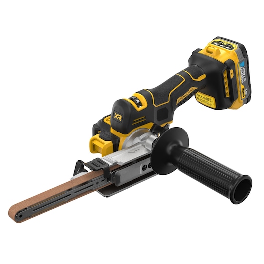 DEWALT cordless belt file with handle and battery, designed for sanding and shaping metal surfaces.