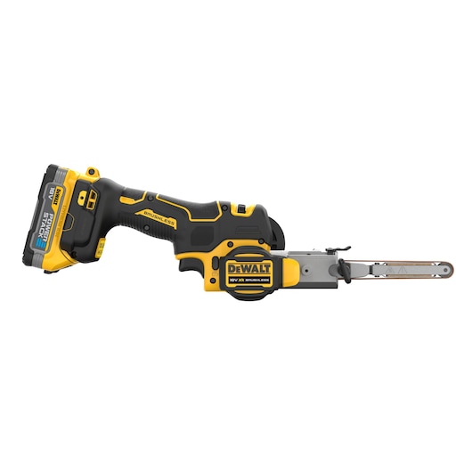 DEWALT cordless handheld belt sander with black and yellow design and visible battery pack.