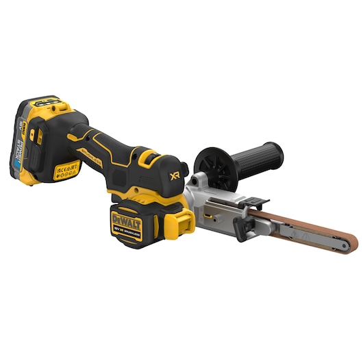 DEWALT cordless belt file sander with ergonomic handle and side grip, suitable for precision sanding tasks.