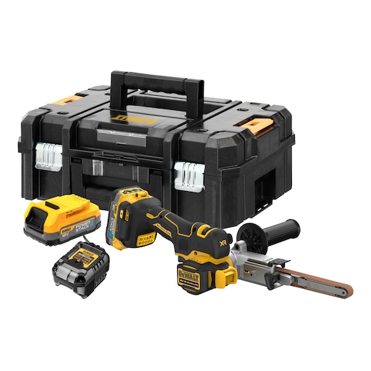 DEWALT tool kit with storage box, battery, charger, and cordless belt sander displayed on white background.