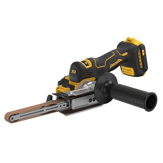 DEWALT cordless belt sander with ergonomic handle, yellow and black, shown on a white background.