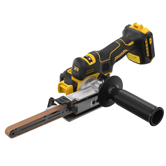 DEWALT cordless handheld belt sander with black and yellow design, ergonomic handle, and sanding belt attachment.