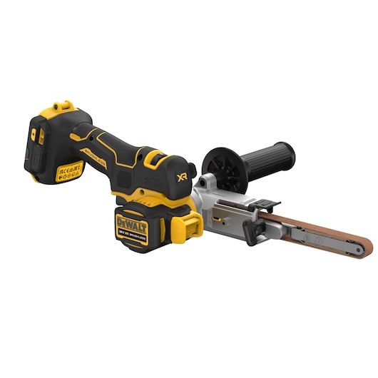DEWALT cordless belt sander with black and yellow design and ergonomic handle on white background.