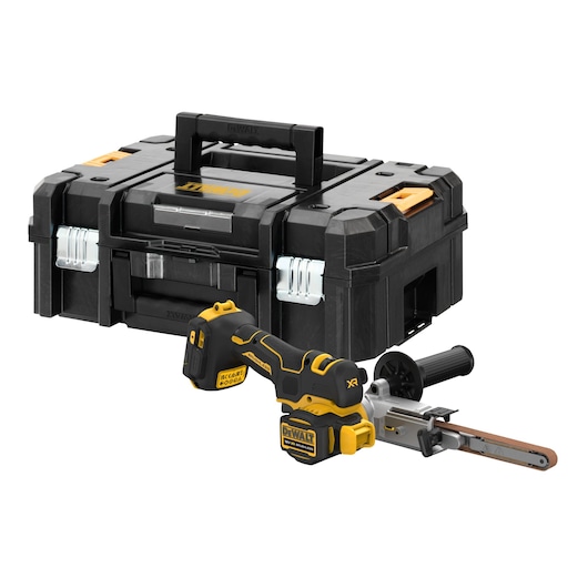 DEWALT cordless belt file and black toolbox with yellow accents, placed together on a white background.