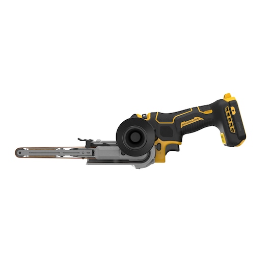 DEWALT cordless brushless belt sander with ergonomic handle shown on a white background.