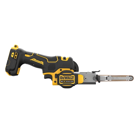 DEWALT DCM200N cordless mini belt sander in yellow and black, shown in profile against a white background.