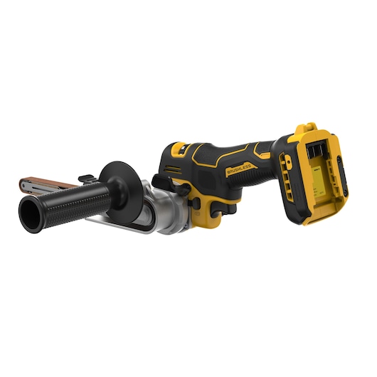 Cordless DEWALT brushless power tool with handle and belt attachment, shown without battery.
