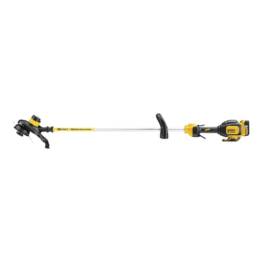 DEWALT cordless brushless string trimmer with yellow and black design, straight shaft and battery attached.