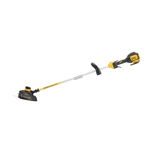 DEWALT cordless yellow and black grass trimmer with handle and shaft, shown against a white background.