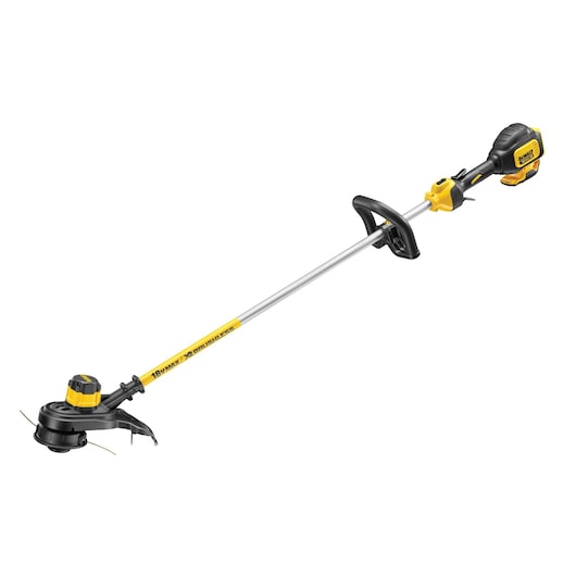 Cordless yellow and black grass trimmer with long shaft and ergonomic handle, suitable for garden maintenance.