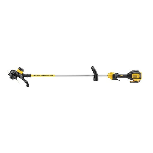 DEWALT cordless grass trimmer with a straight shaft and yellow-black design, suitable for garden maintenance.