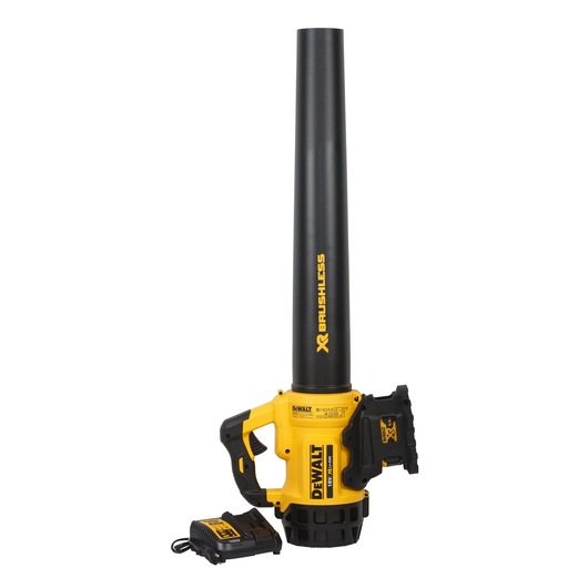 DEWALT cordless leaf blower with a black and yellow body, featuring a long black nozzle and 'XR Brushless' label. The leaf blower is shown with its battery and charger placed nearby.