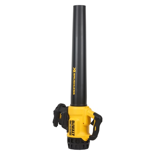 DEWALT cordless leaf blower DCM562P1 with brushless motor. The blower is yellow and black, featuring a long nozzle and ergonomic handle.