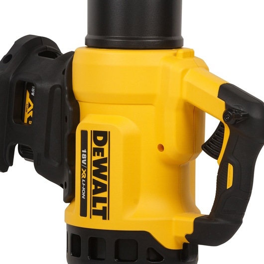 Close-up view of a DEWALT 18V XR Li-Ion cordless power tool, showing the yellow and black handle and body with branding and battery compartment.
