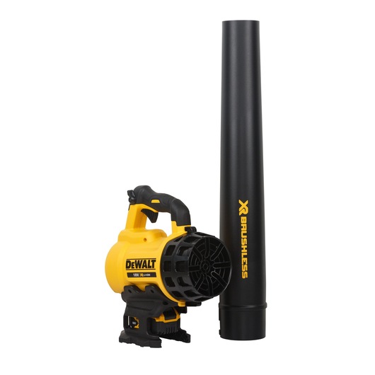 A yellow and black DEWALT cordless leaf blower with an 18V XR Li-Ion battery. The blower is shown next to its detachable tube, which has 'XR BRUSHLESS' written on it.
