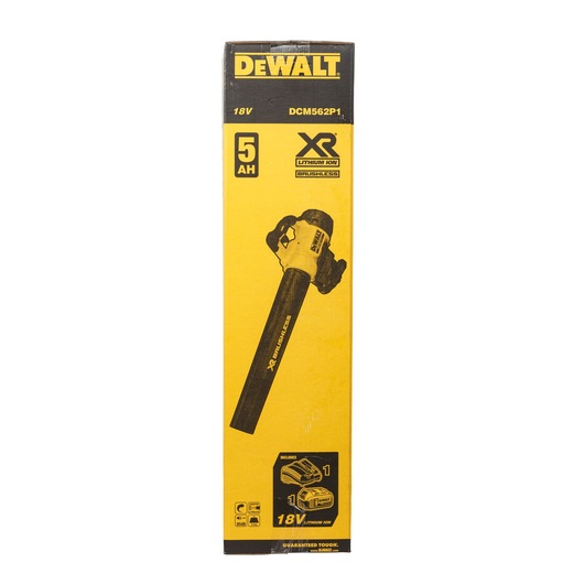 Product packaging for a DEWALT DCM562P1, an 18V XR brushless lithium-ion cordless blower, featuring 5Ah battery. The yellow and black box displays the product image and battery information.