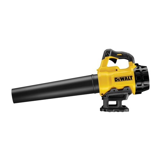 Yellow and black DEWALT cordless leaf blower, handheld, with a long nozzle and ergonomic grip.