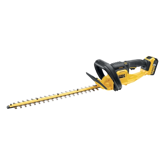 A yellow and black DEWALT cordless hedge trimmer with a long blade and ergonomic handle, model DCM563P1.