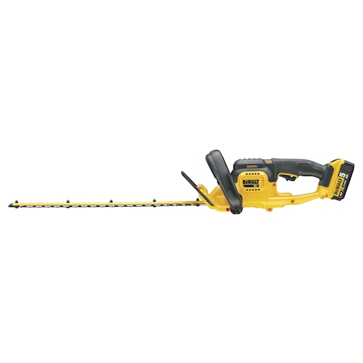 A yellow and black cordless hedge trimmer by DEWALT, featuring a long blade and ergonomic handle with battery attached.