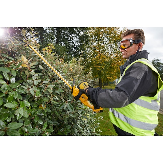 A person wearing safety gear is using a DEWALT DCM563P1 cordless hedge trimmer to trim a green hedge outdoors.