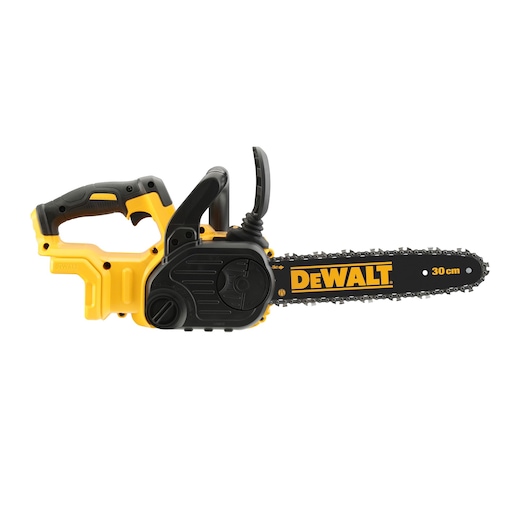A DEWALT cordless chainsaw with a 30 cm bar, shown in yellow and black color, photographed on a white background.
