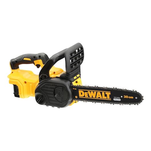 A yellow and black cordless chainsaw with DEWALT branding and a 30 cm bar, designed for cutting wood.
