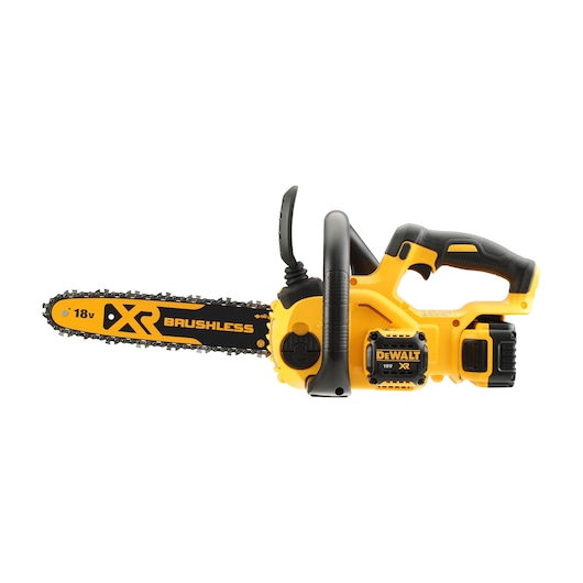 A DEWALT XR Brushless 18V cordless chainsaw with a yellow and black design, featuring a battery pack and ergonomic handle, shown on a white background.