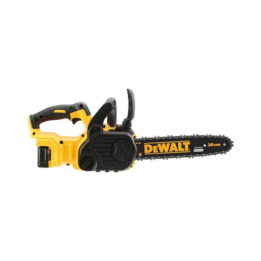 A yellow and black DEWALT cordless chainsaw with a 30 cm Oregon bar, suitable for cutting wood.