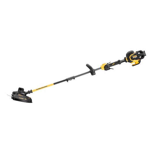 DEWALT cordless brushless grass trimmer with yellow and black design, straight shaft, ergonomic handle.