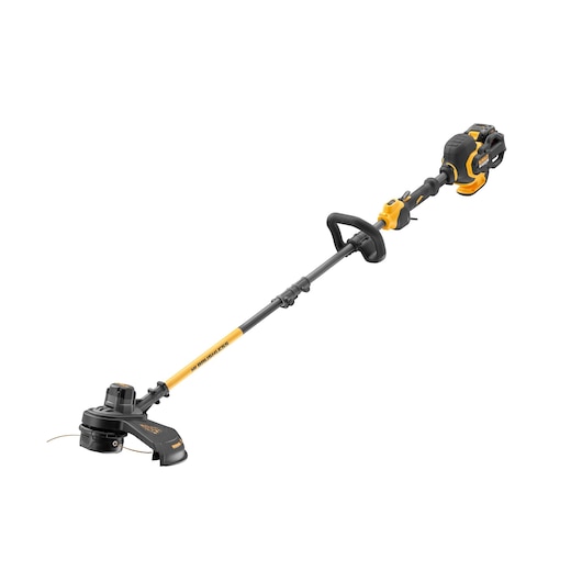 A DEWALT cordless brush cutter and grass trimmer with a black and yellow body, featuring an ergonomic handle and long shaft.