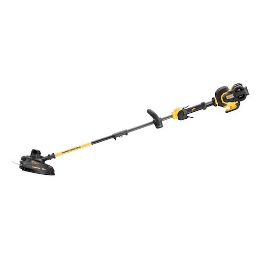 A DEWALT cordless brushless string trimmer with a yellow and black design. The trimmer features a long shaft, a side handle for grip, and a cutting head suitable for grass and weeds.