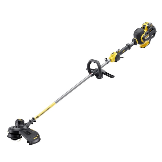 A DEWALT cordless string trimmer with a yellow and black design, featuring a long metal shaft, handle, and trimming head.