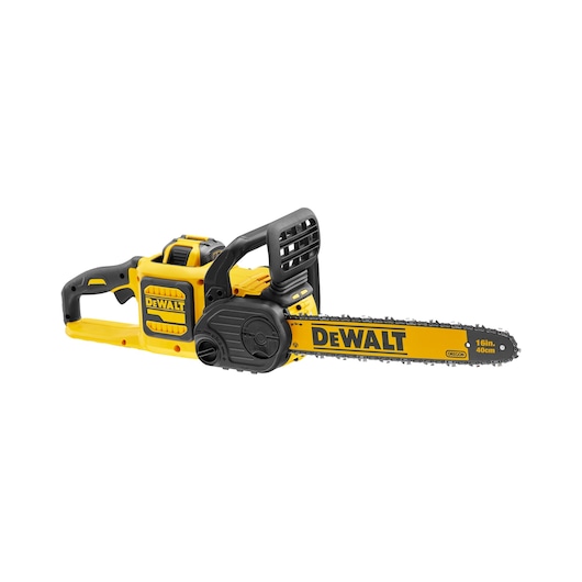 A yellow and black DEWALT cordless chainsaw with a 16-inch (40 cm) blade is shown on a white background.