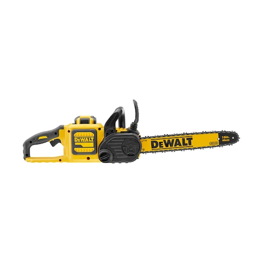 A DEWALT yellow and black cordless chainsaw with a 16-inch (40 cm) blade, shown in a side view on a white background.