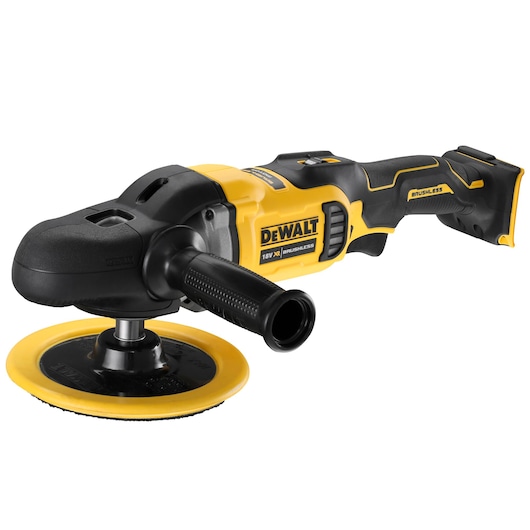 A DEWALT cordless brushless polisher tool, model DCM849N, featuring a yellow and black design with an ergonomic handle and circular polishing pad.