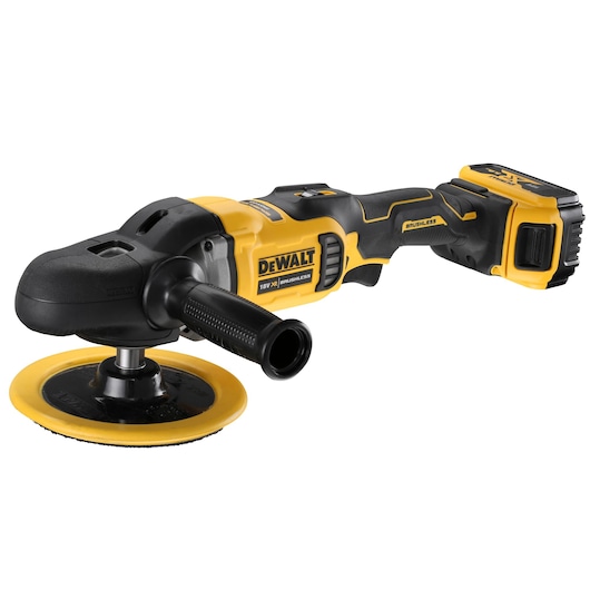 Cordless DEWALT polisher with yellow and black design, side handle, and battery attached at the rear.
