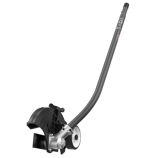 A DEWALT lawn edger attachment with a black blade guard, metal wheel, and curved gray shaft, designed for use with compatible outdoor power tools.