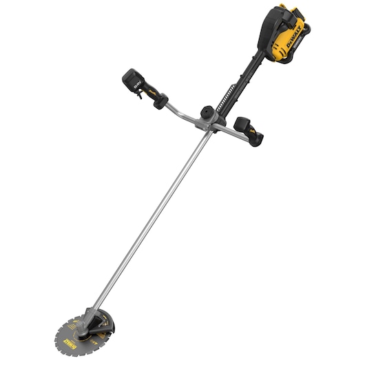 A DEWALT cordless brushcutter with a circular blade, featuring a yellow and black motor housing and ergonomic handles.