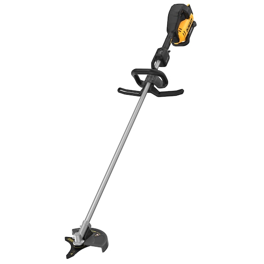 A cordless brush cutter with a long metallic shaft, black and yellow handle, and protective guard at the cutting blade.