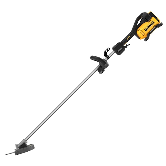 A DEWALT cordless string trimmer with a yellow and black motor unit and a long silver shaft, designed for outdoor lawn and garden maintenance.