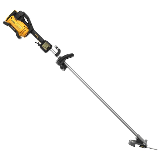 A DEWALT cordless string trimmer with a yellow and black motor housing, long silver shaft, and adjustable handle. The cutting head has dual trimming lines.