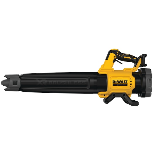 DEWALT cordless leaf blower with yellow and black design, compact handle and nozzle, side view.