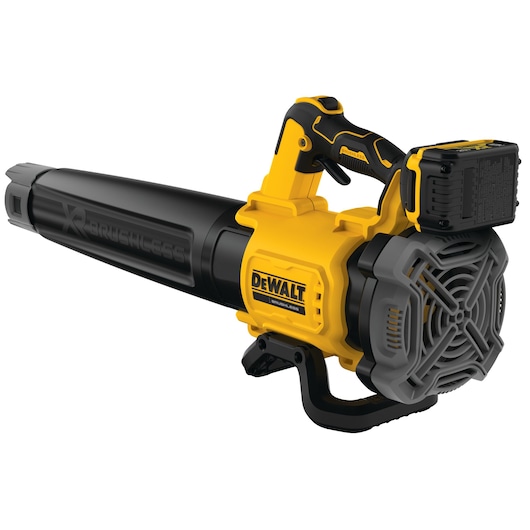 DEWALT XR Brushless cordless leaf blower with yellow and black design and rechargeable battery.