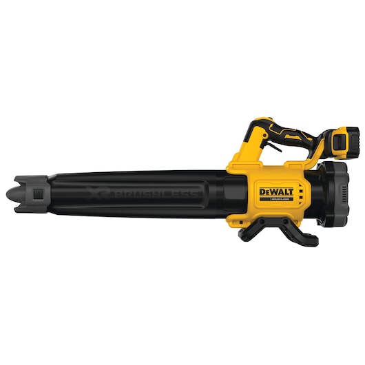 DEWALT cordless leaf blower with yellow and black body, side view, battery powered, model DCMBL562P1.
