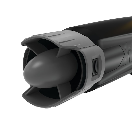 Close-up of a DEWALT leaf blower nozzle with gray protective cover and black body.