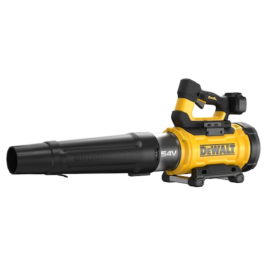 DEWALT 54V cordless brushless leaf blower in yellow and black, shown from the side on a white background.