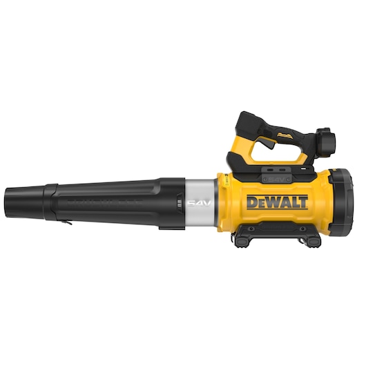 Cordless yellow and black DEWALT leaf blower with ergonomic handle, 54V battery housing, and brushless motor.