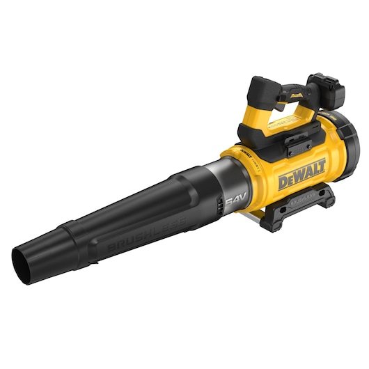 DEWALT cordless leaf blower, yellow and black, brushless, 54V, handheld design, nozzle facing left.