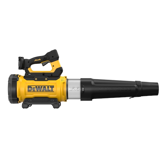 DEWALT cordless yellow and black leaf blower with brushless motor, shown from the side against a white background.